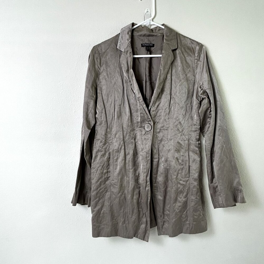 Eileen Fisher Blazer Petite S PS Gray Taupe Crinkle Metallic Pockets - Flaw